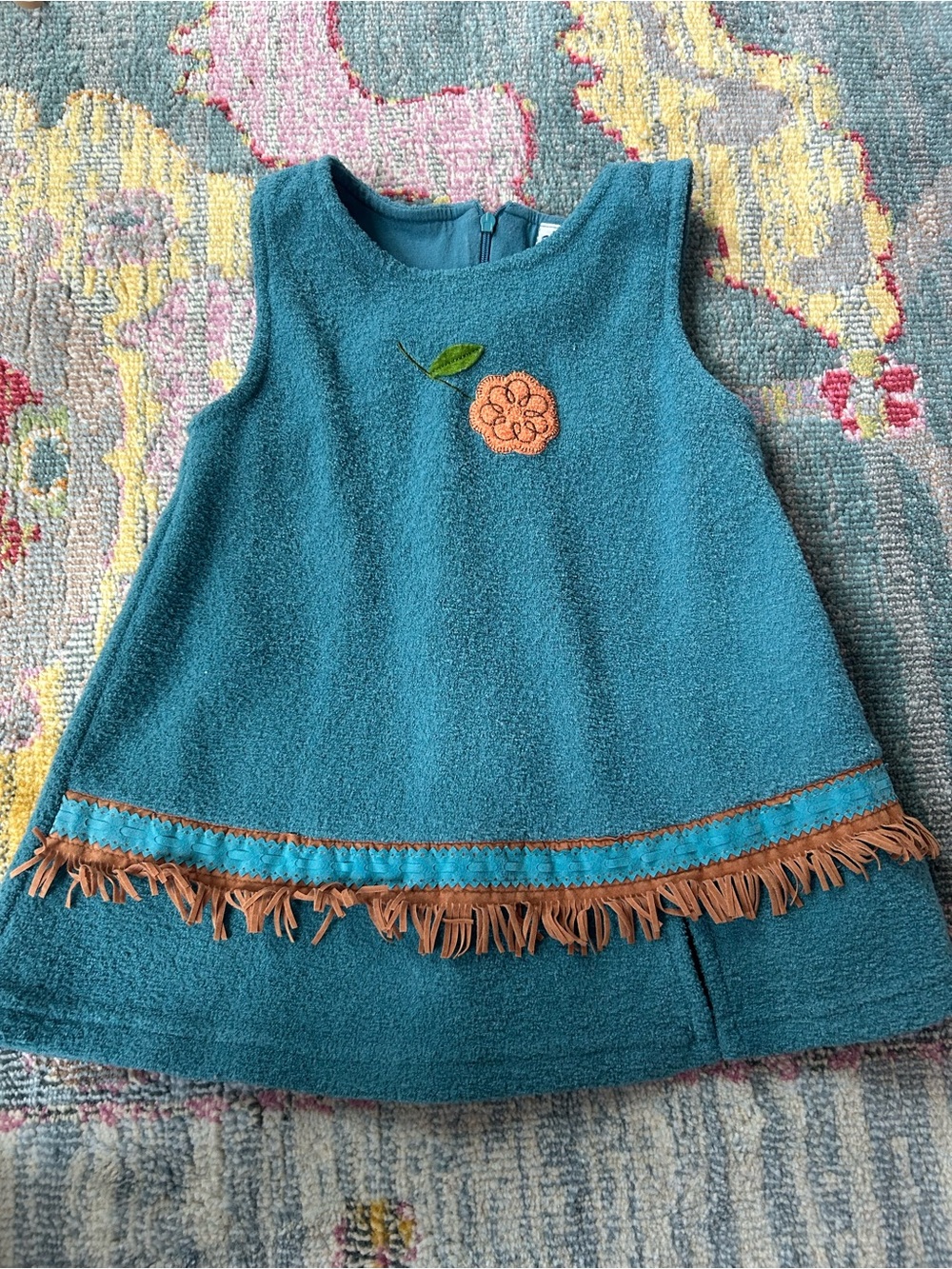 Teal Sleeveless Girls A-Line Dress with Orange Flower Applique